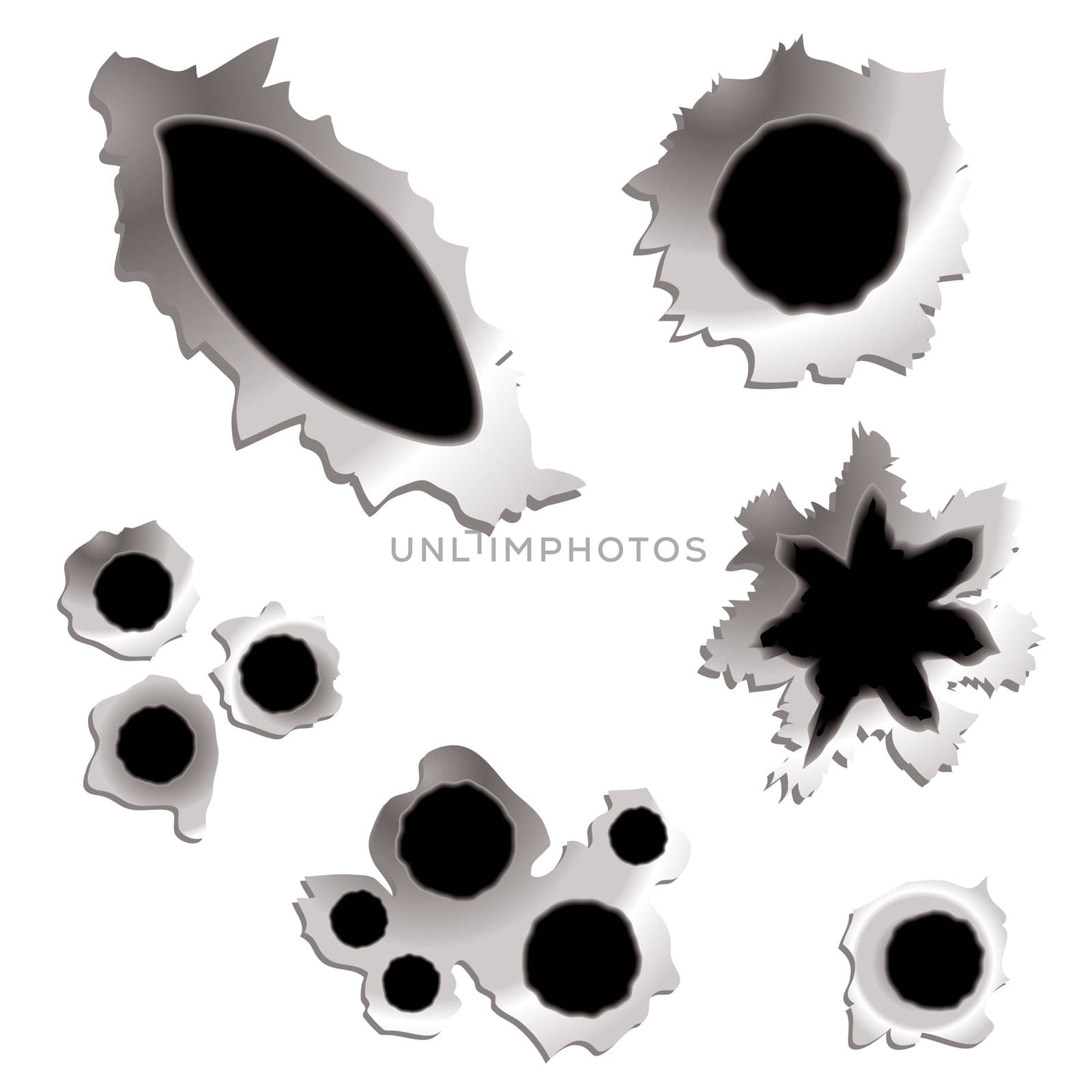 Illustrated bullet hole isolated on a white background with metal surround