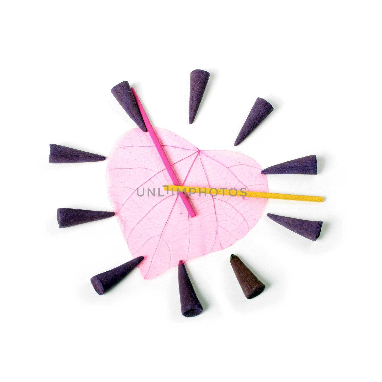 clock by aroma sticks isolated over white