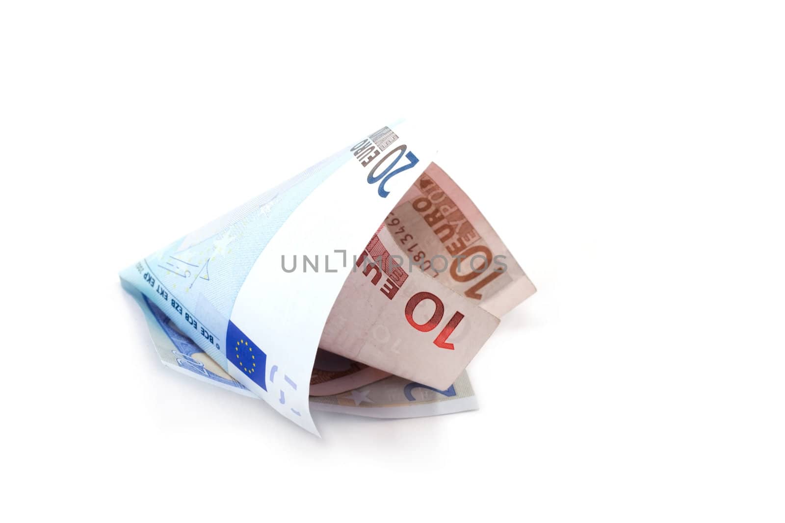 Bills euro rolled up insulated on white background