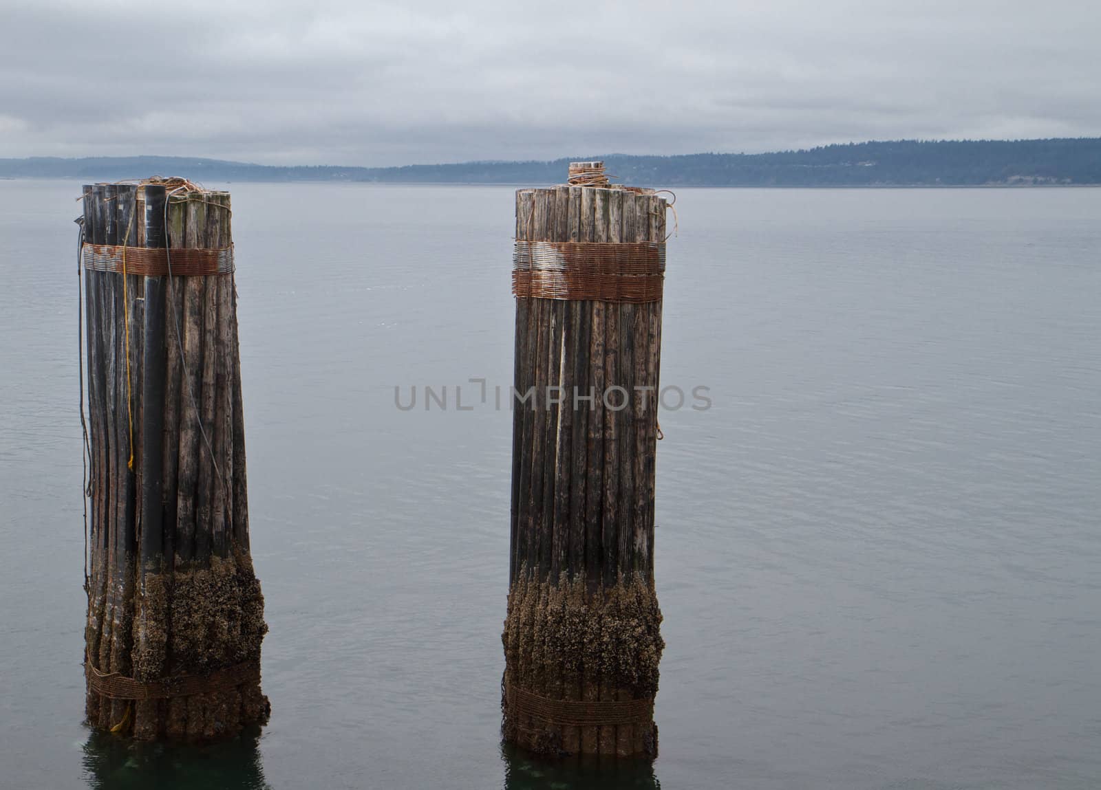 Two old weathered ol Mooring Piers under a overcast sky