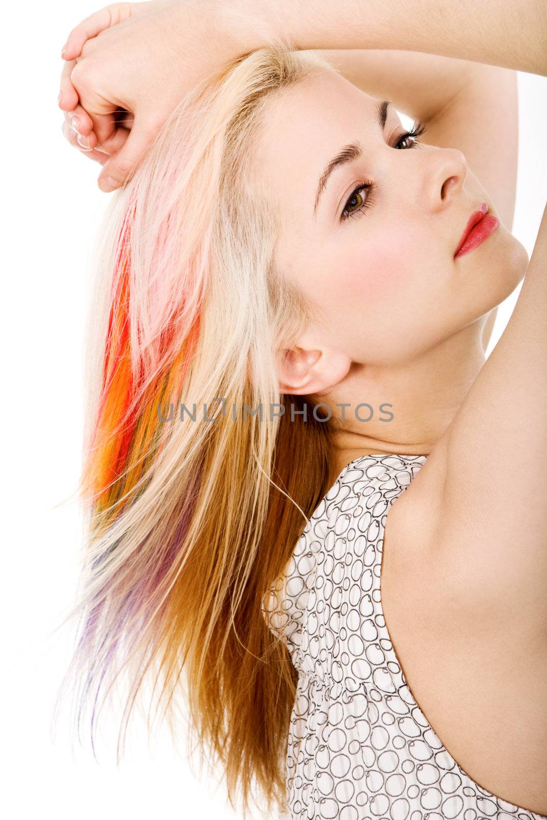 Girl with rainbow haircut on isolated white (XXL size)