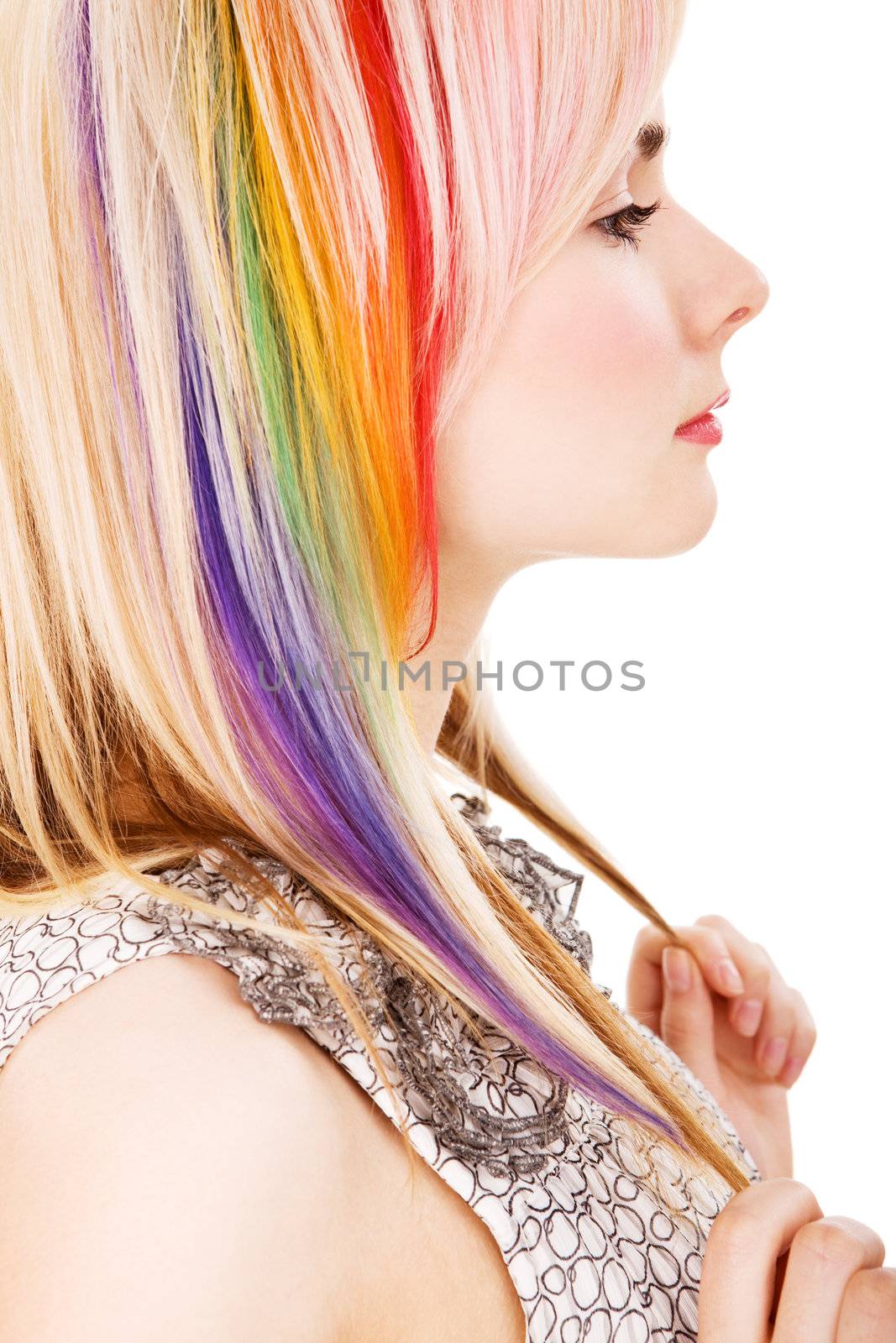 Girl with rainbow haircut on isolated white (XXL size)