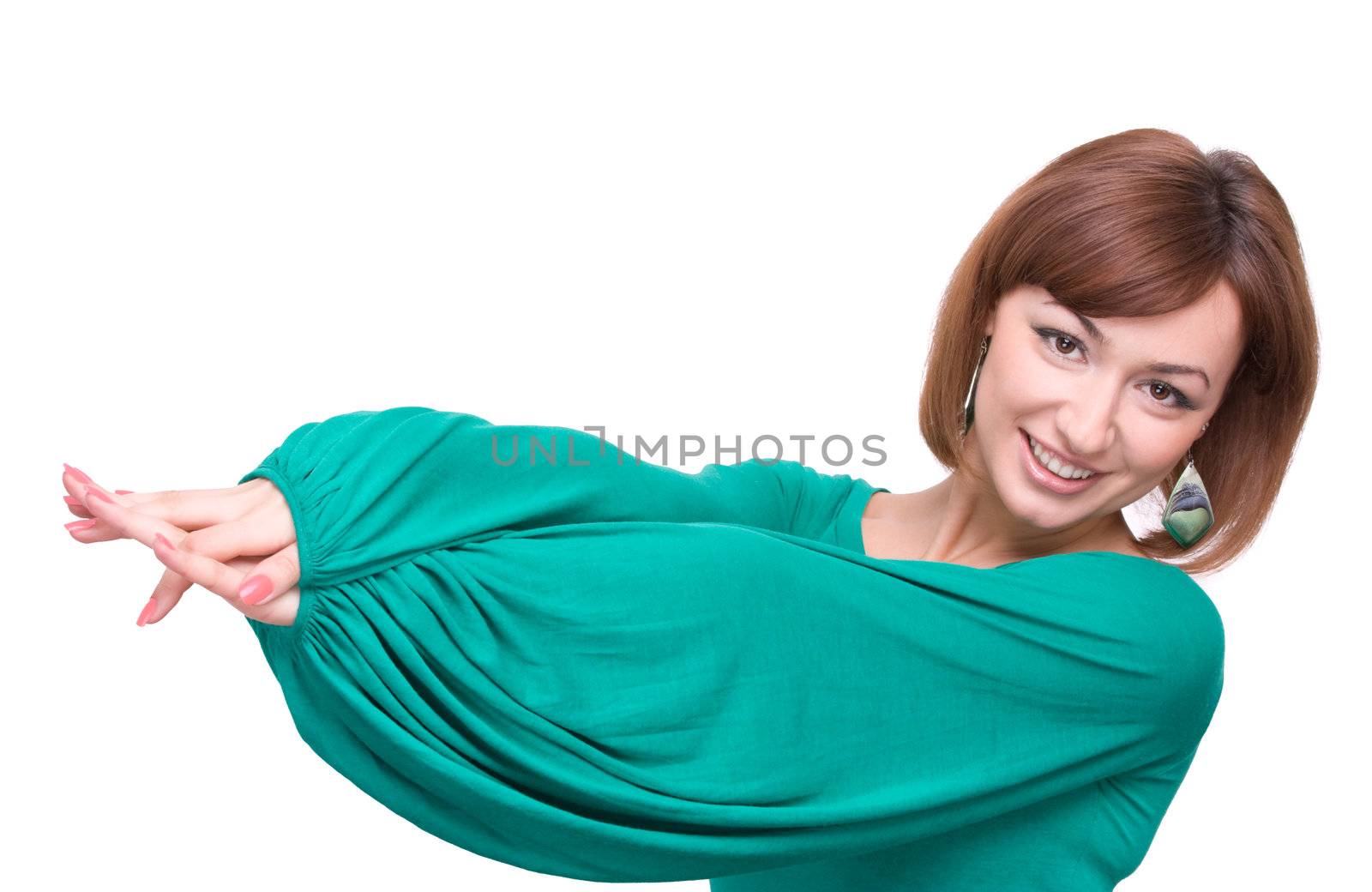 Portrait of the beautiful girl in green isolated over white