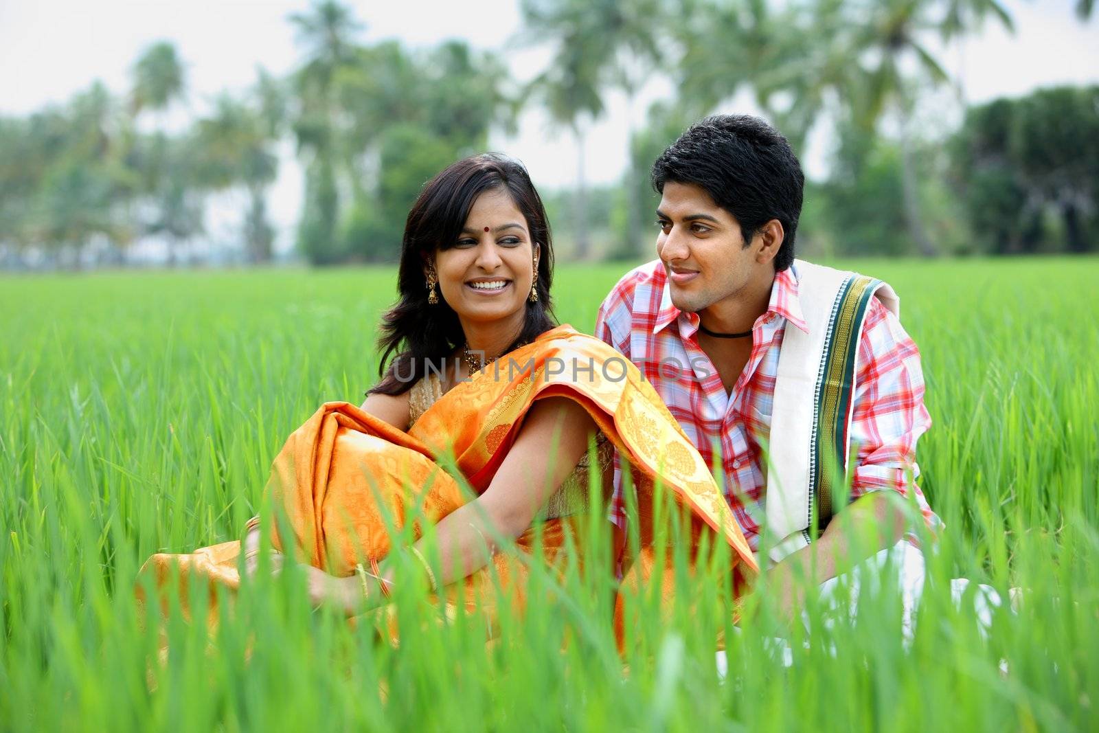 an asian couple sitting in a paddy field