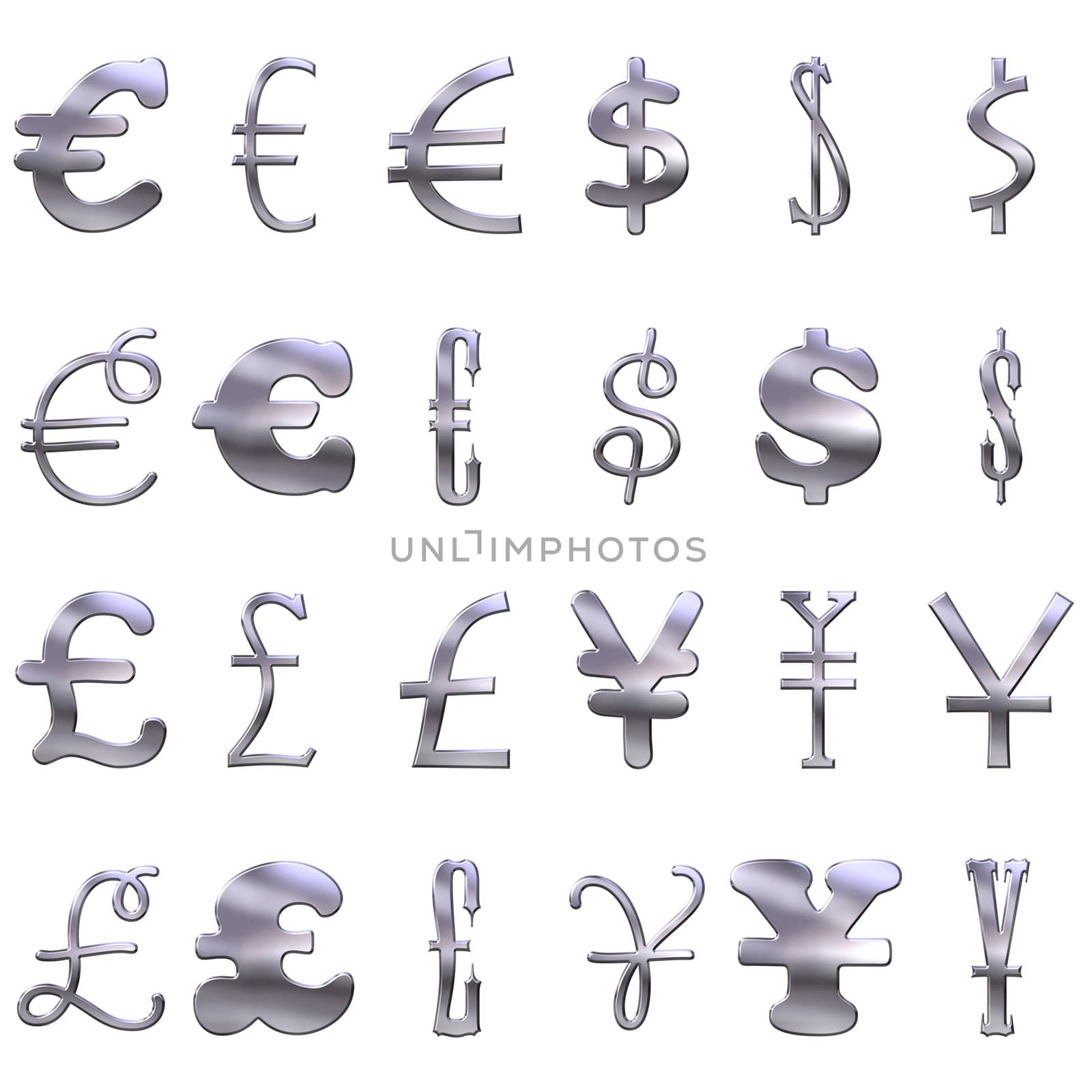 3d eccentric silver currency symbols isolated in white