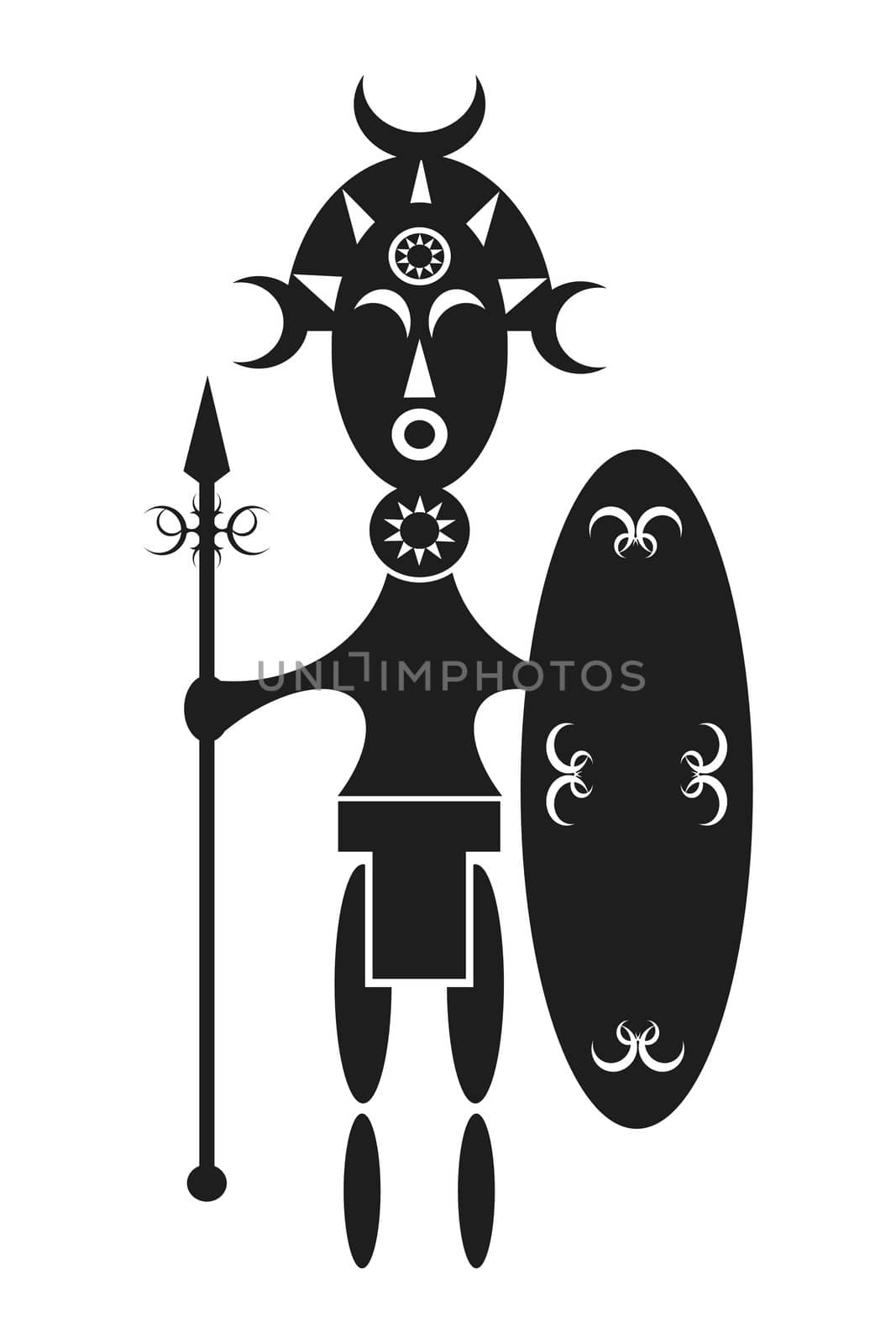 stylised design of an African warrior with shield and spear