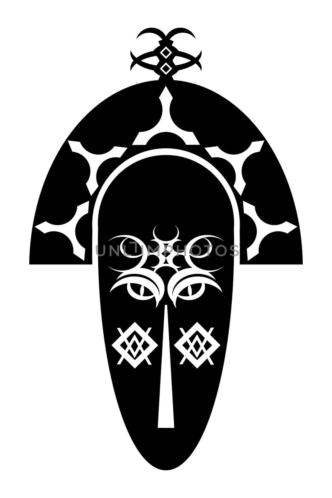 a monochrome stylised design of an african mask