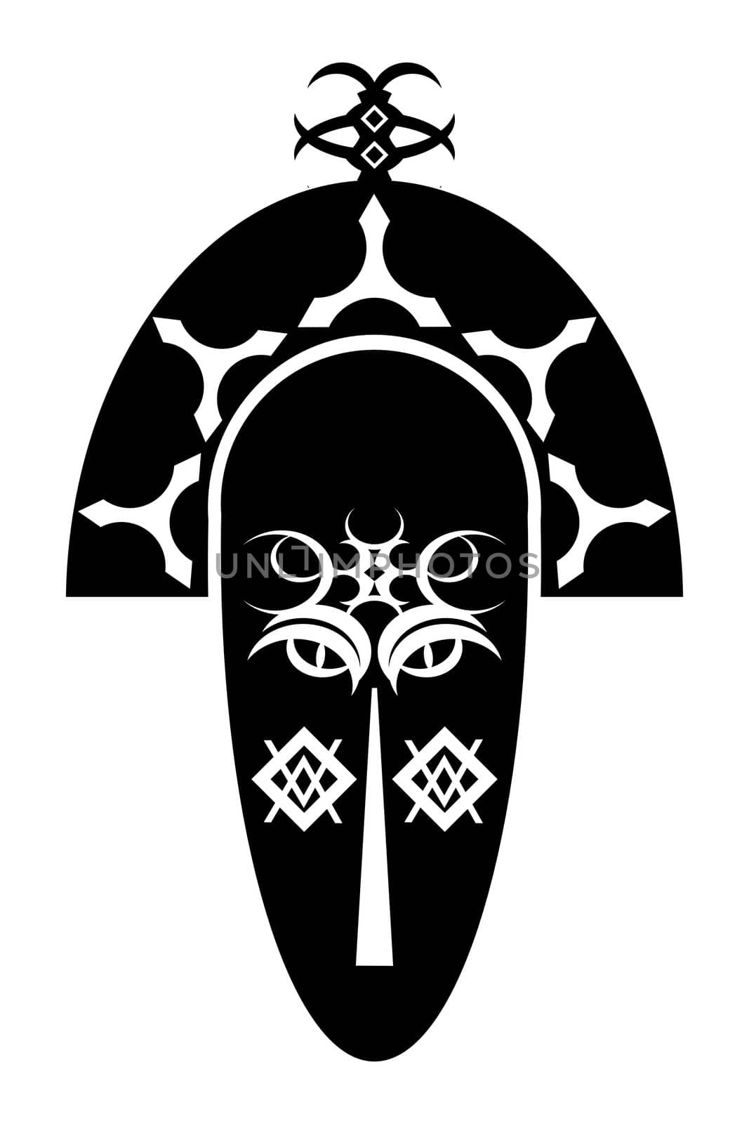 a monochrome stylised design of an african mask