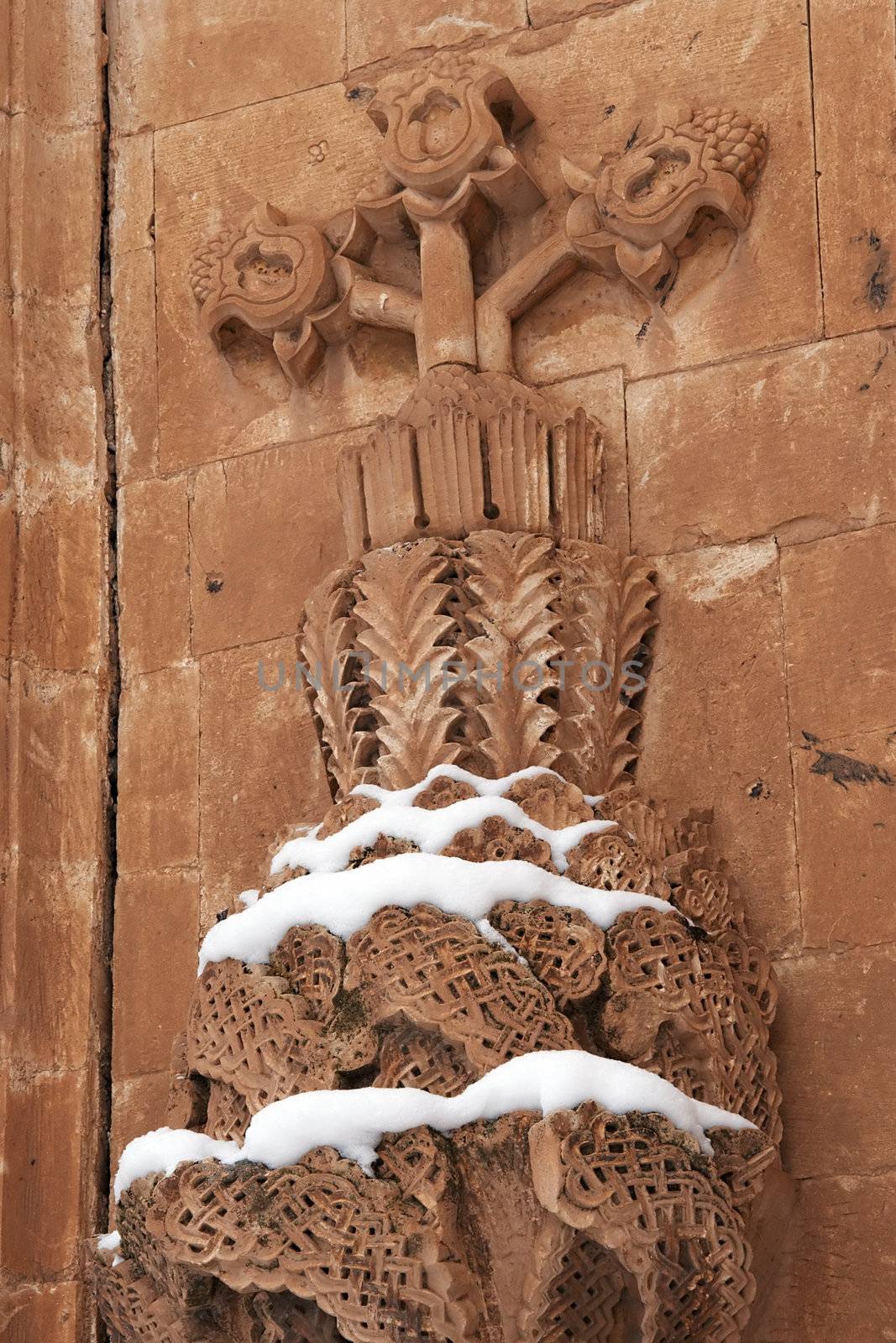Carving on facade of Ishak Pasha Palace. It is an 18th century complex located near Mount Ararat in the Dogubayazit district of Agri province of Turkey.