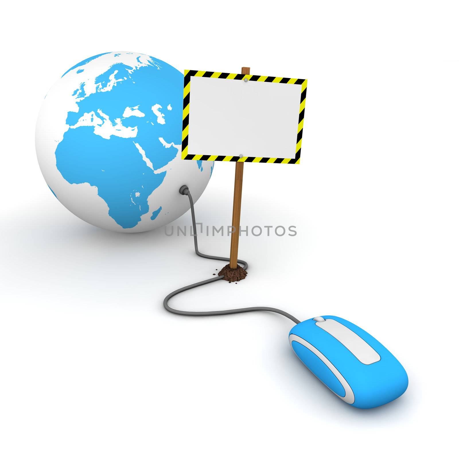 blue computer mouse is connected to a blue globe - surfing and browsing is blocked by a white rectangular sign that cuts the cable - empty template with yellow and black warning stripes