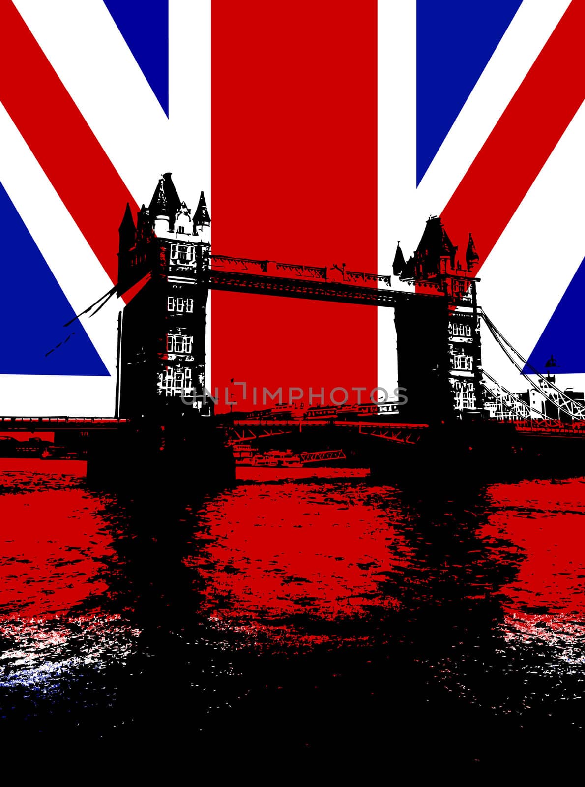 Tower Bridge in London with the UK flag.