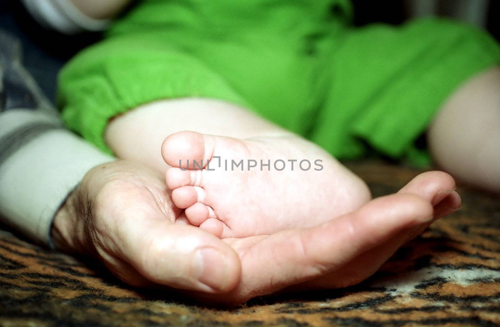 Infant foot on man's palm close up