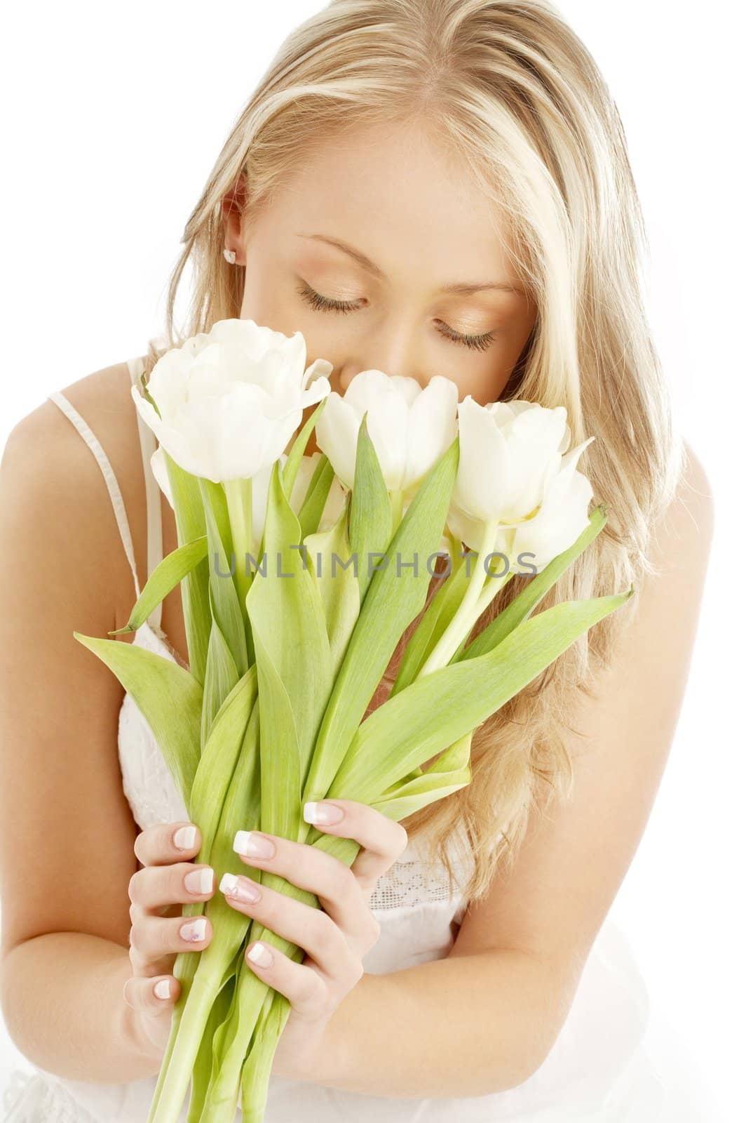 happy blond with white tulips by dolgachov