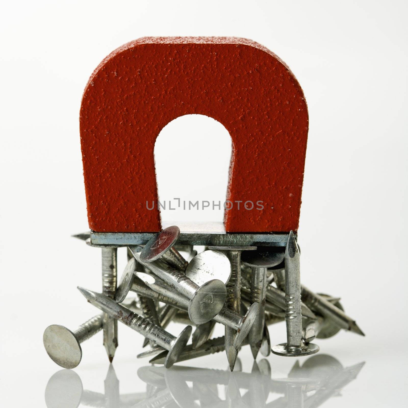 Red magnet holding metal nails on white background.