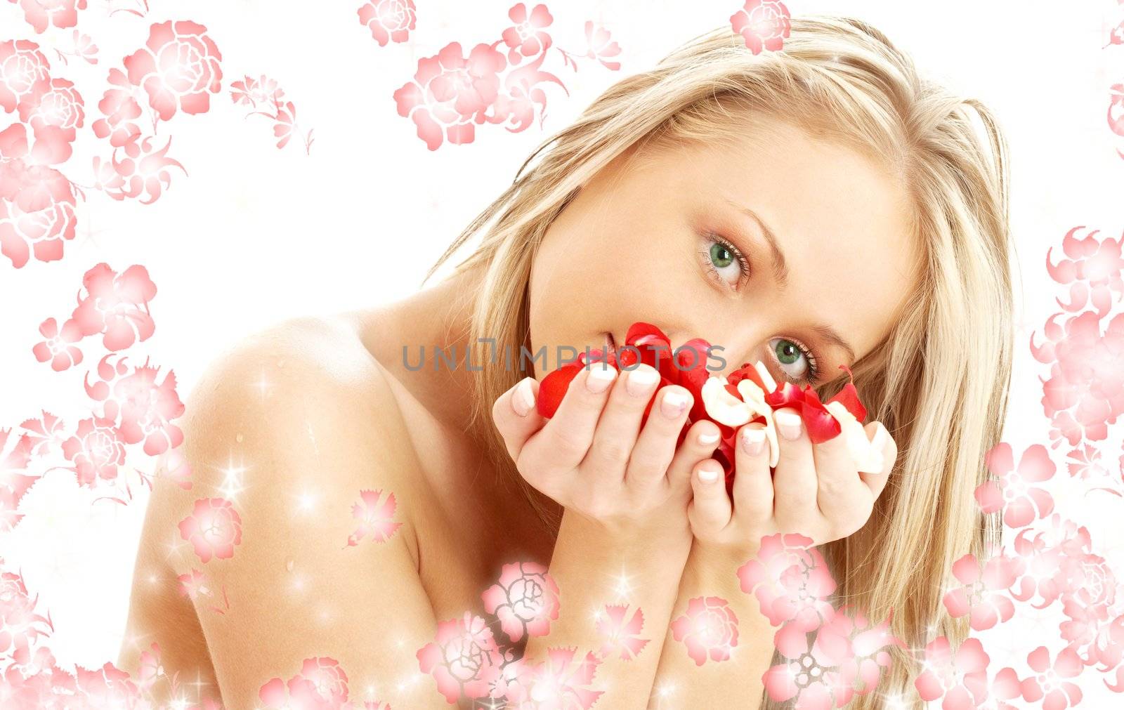 portrait of lovely blond with red and white rose petals and rendered flowers