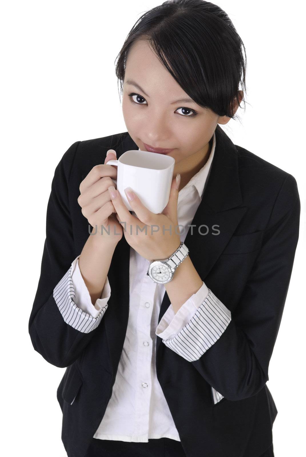 Business woman grin with joy and hold cup of coffee, closeup portrait on white background.