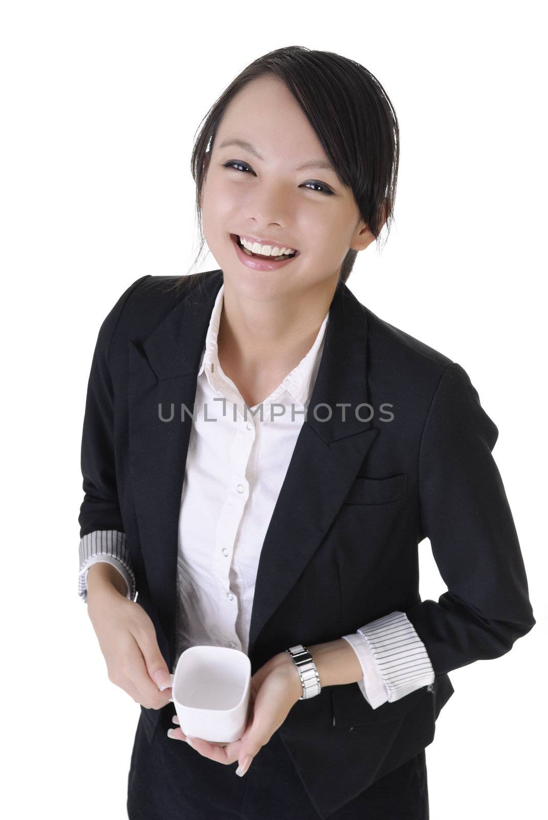 Happy smiling business woman with cup of drink, closeup portrait on white background.