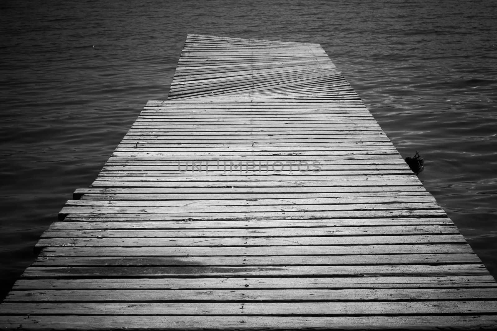 black and white footbridge on the water