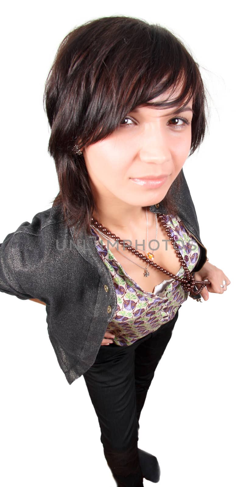 attractive girl with bead isolated over white