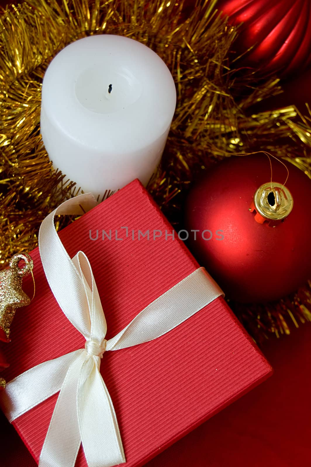 Red gift box over Christmas background