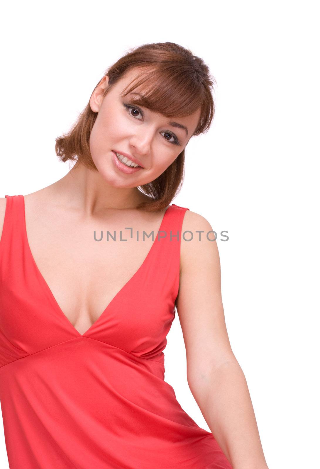 Portrait of the beautiful girl in red dress isolated over white