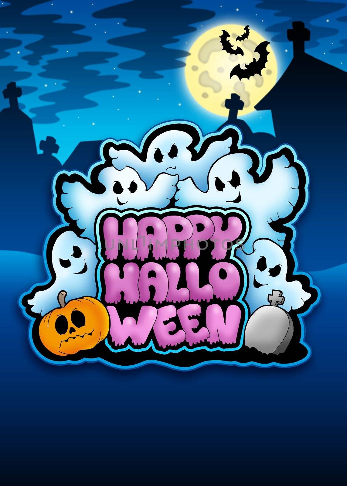 Happy Halloween sign with ghosts by clairev
