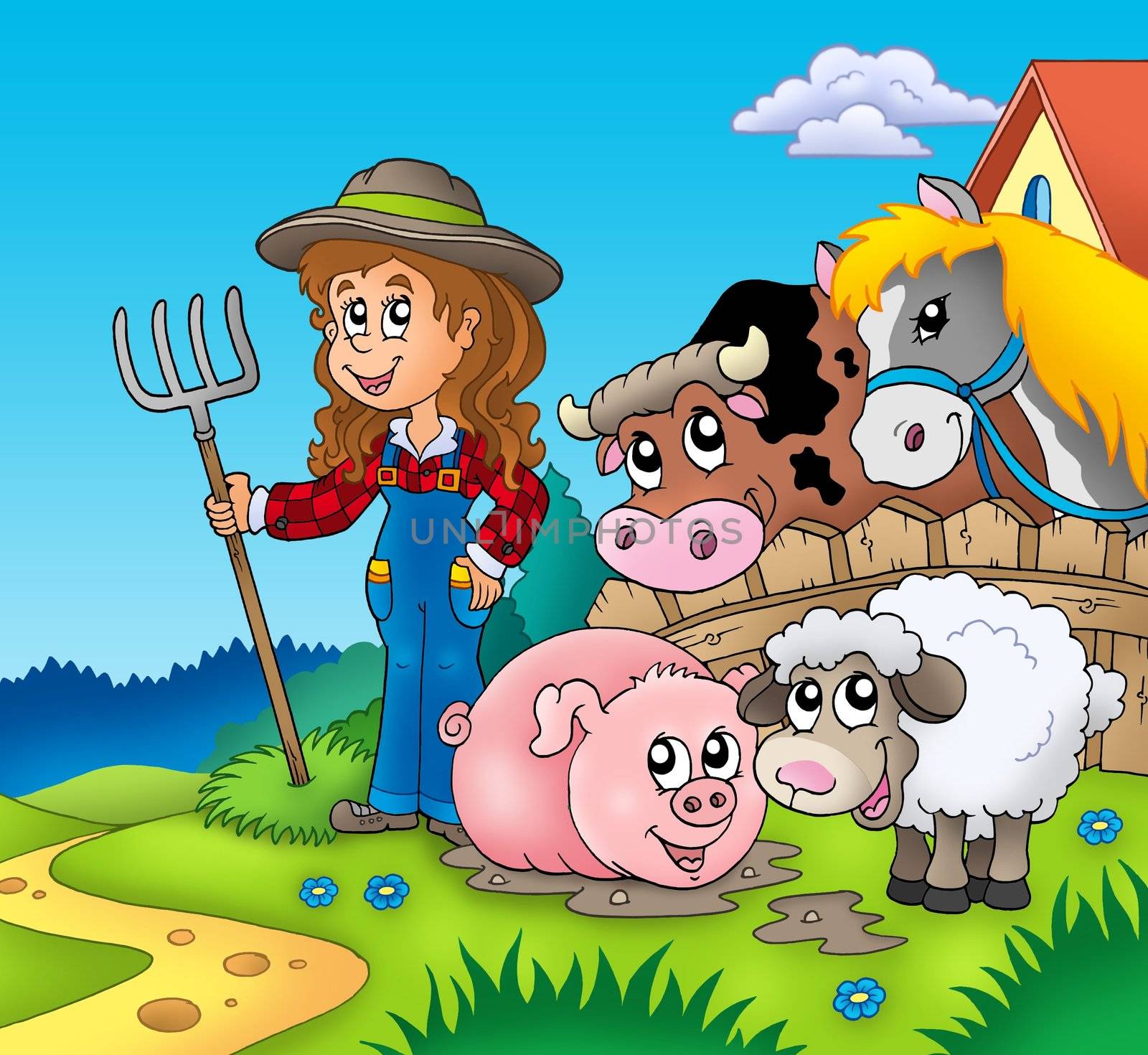 Country girl with farm animals - color illustration.