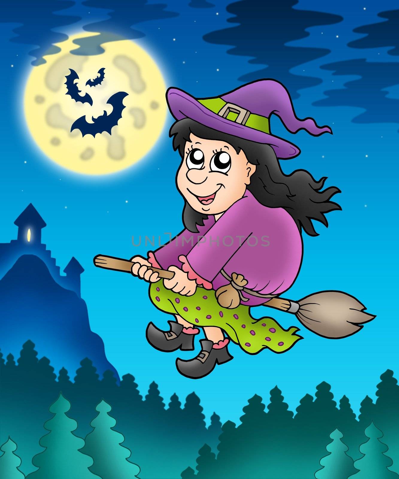 Cute witch on broom near castle - color illustration.