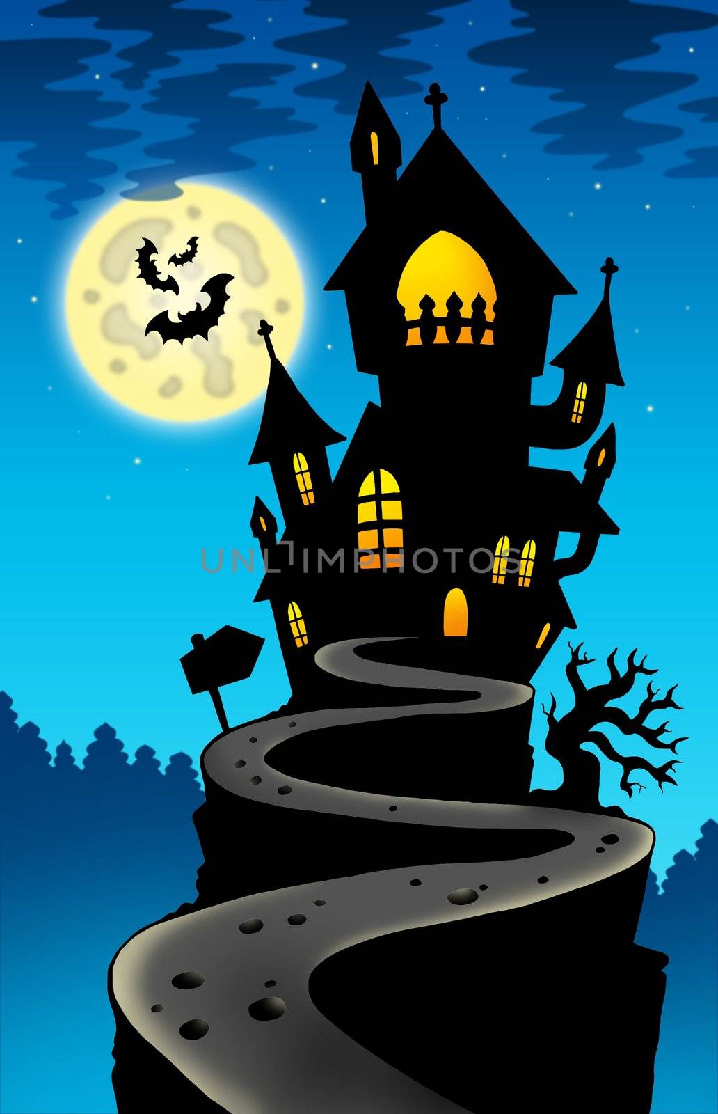 Haunted house on hill with Moon - color illustration.