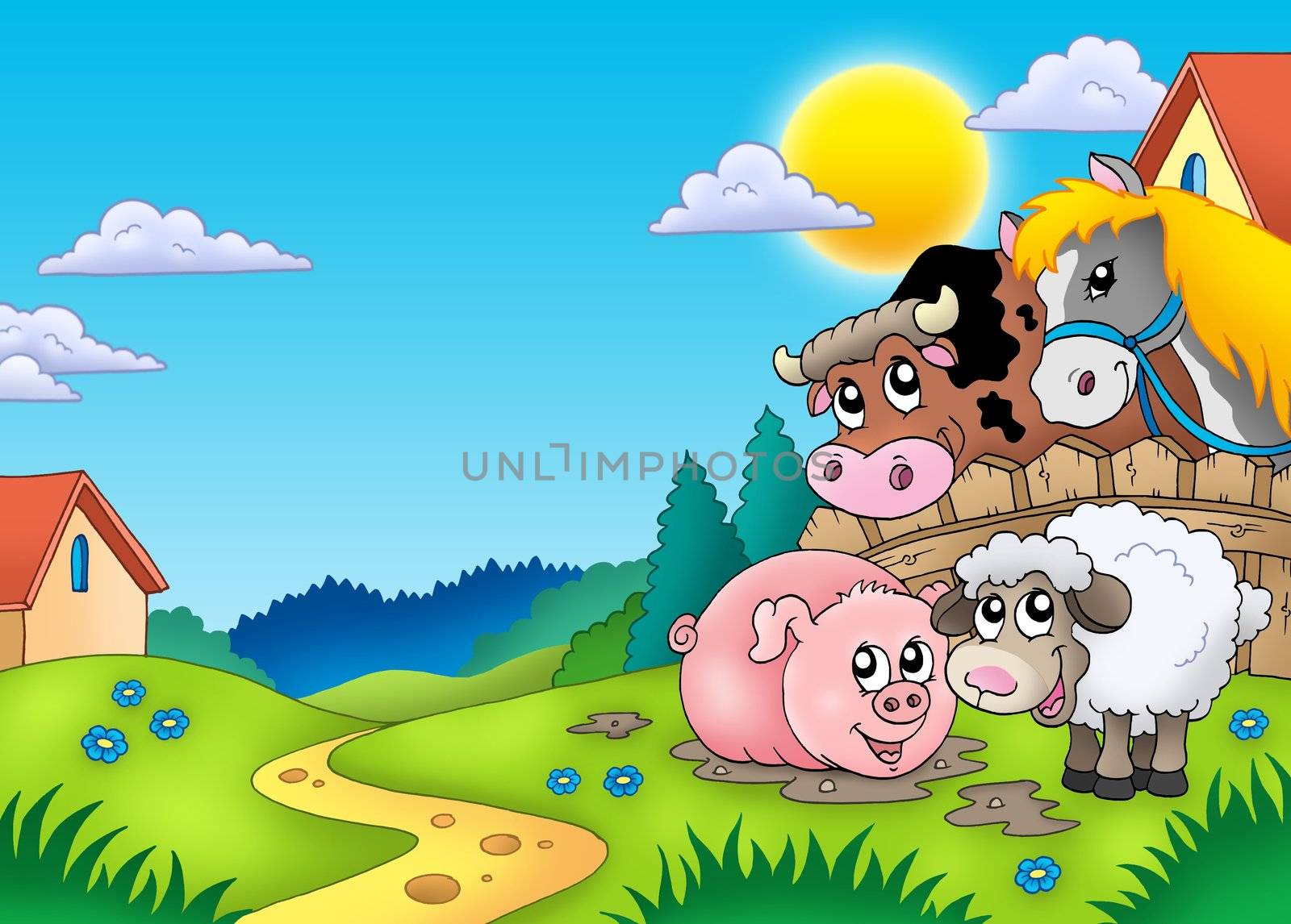 Landscape with various farm animals - color illustration.