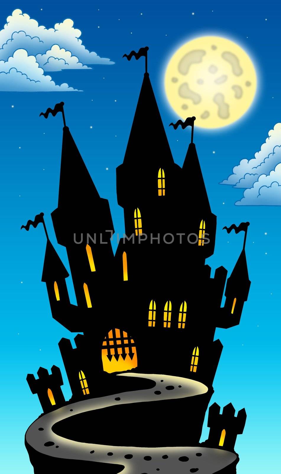 Night view on castle on hill - color illustration.