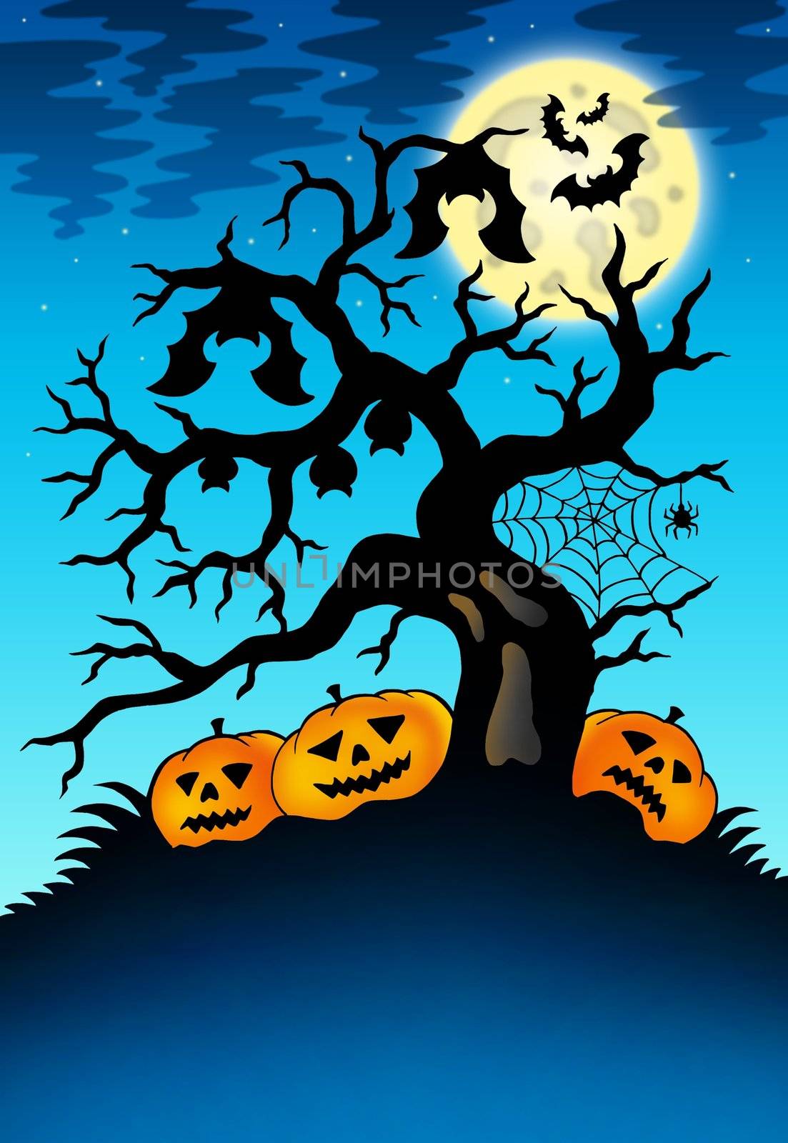 Spooky tree with bats and pumpkins by clairev