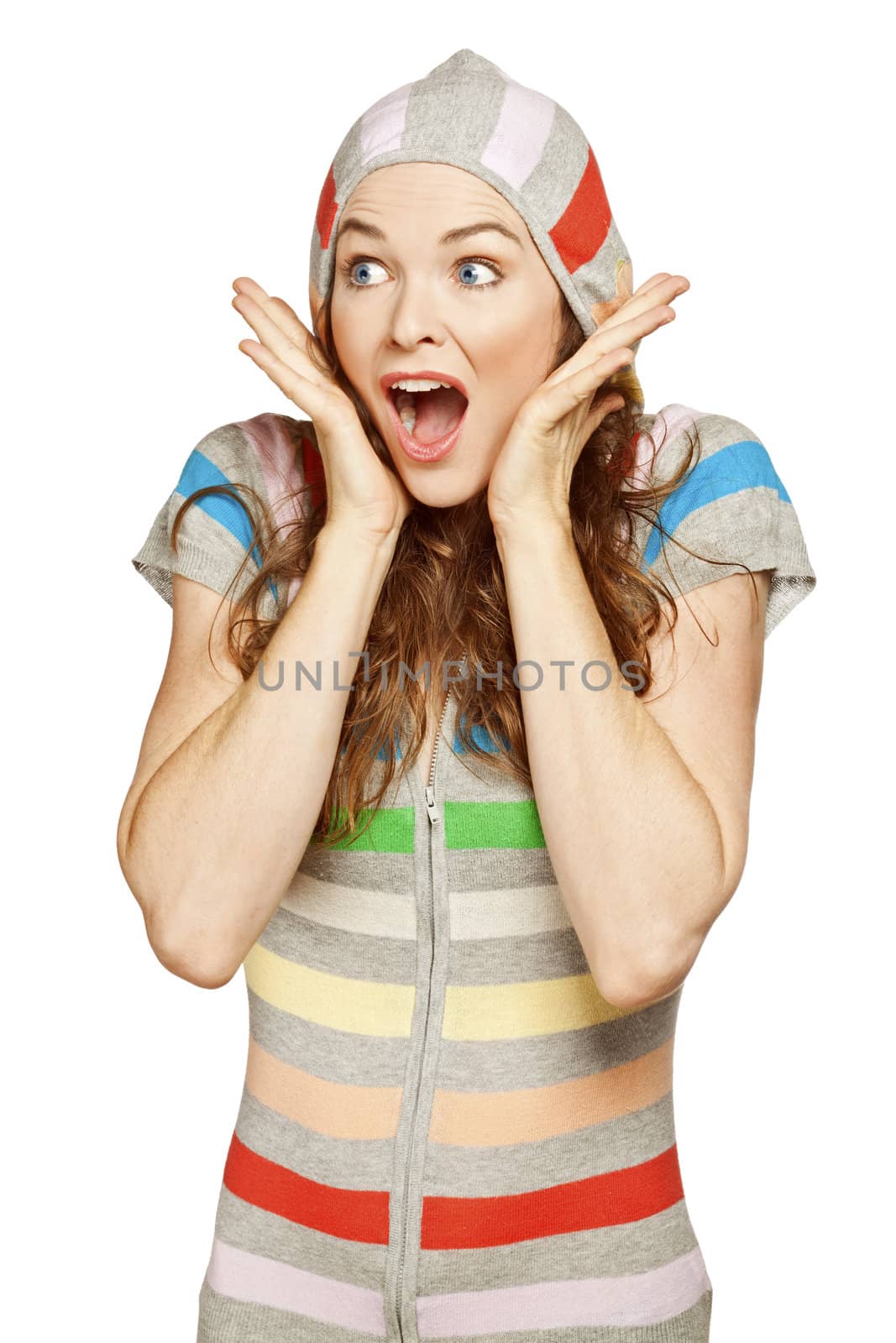 A beautiful young surprised woman. Isolated over white. 