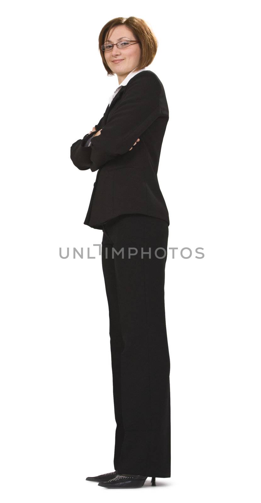 Confident businesswoman standing up,isolated against a white background.