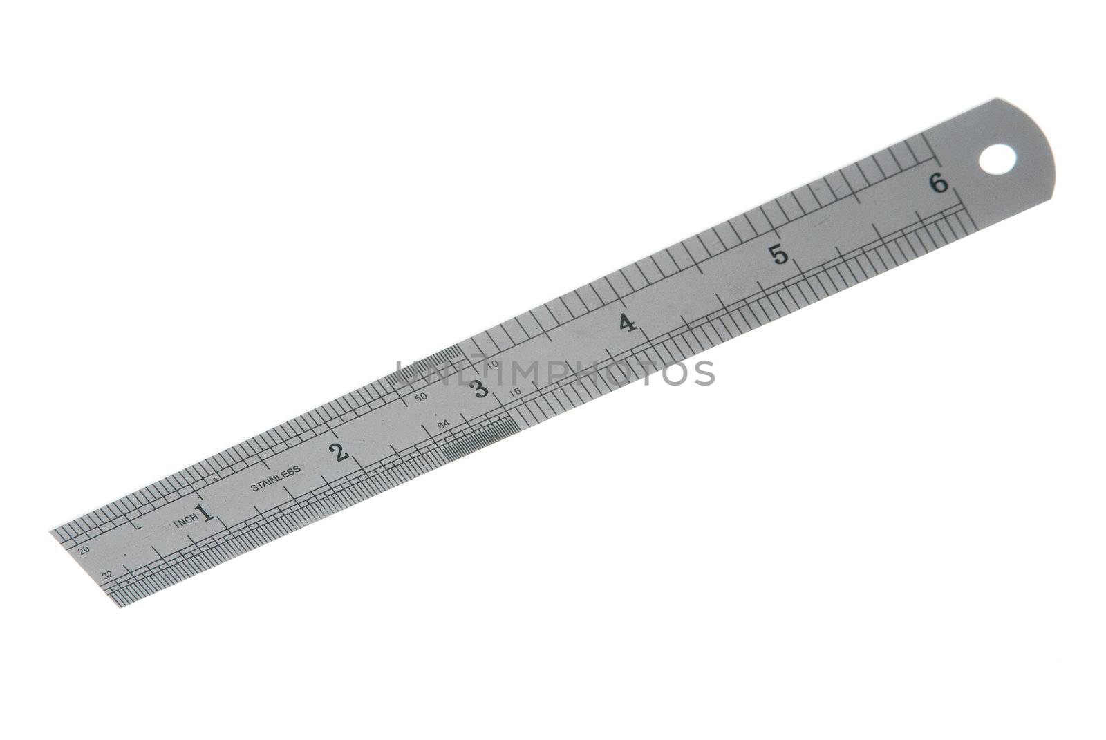A stainless steel ruler isolated against a white background