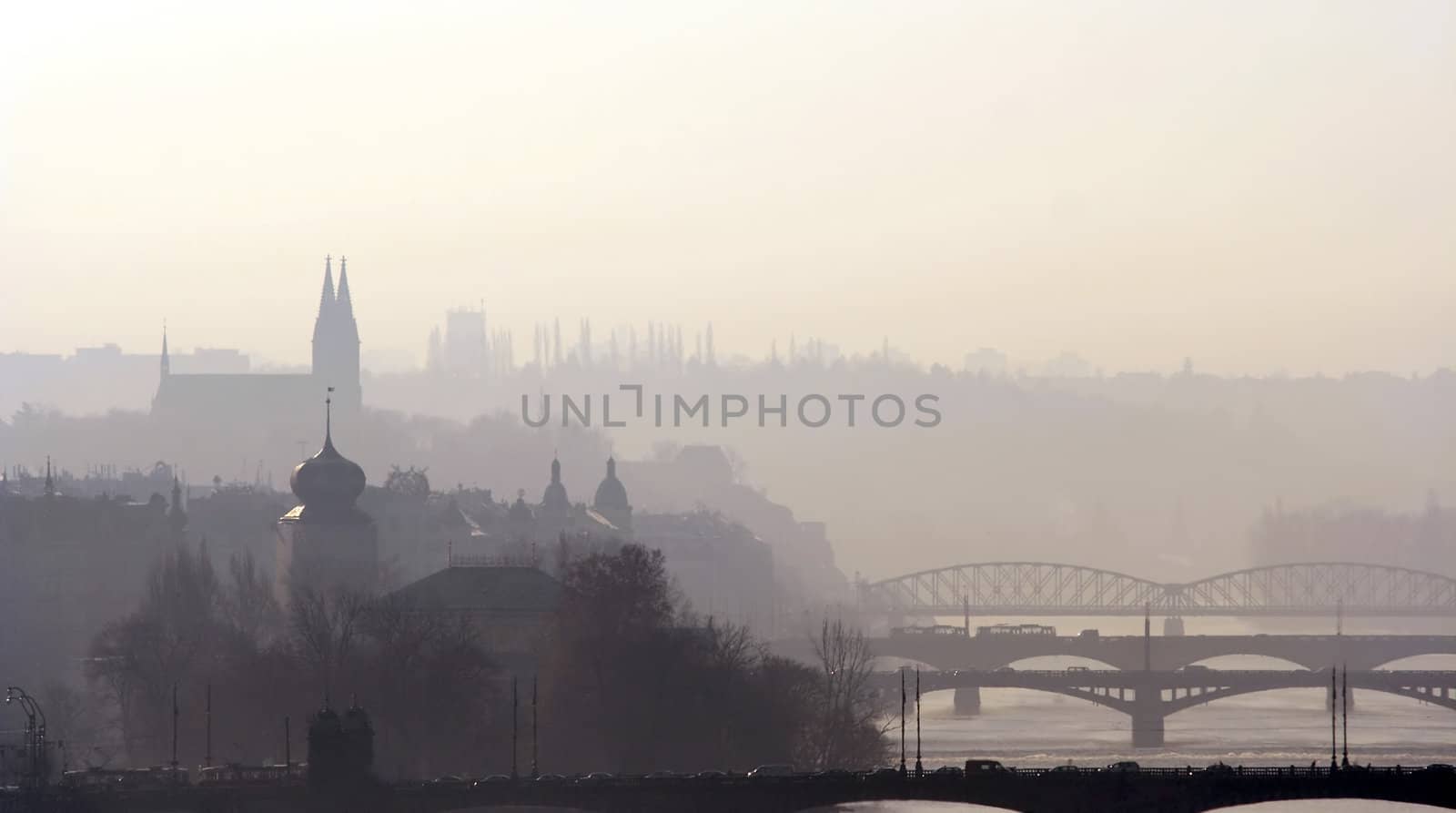 Prague bridges at early morning and Vysehrad