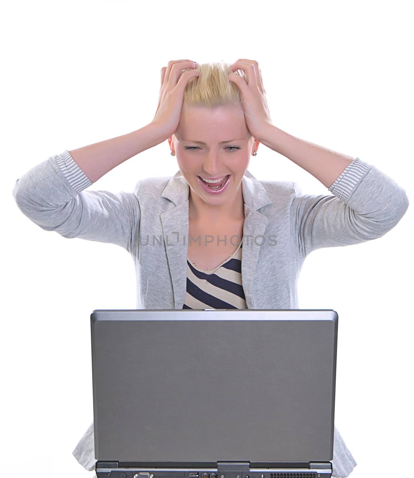 A young lady with a computer on white background.