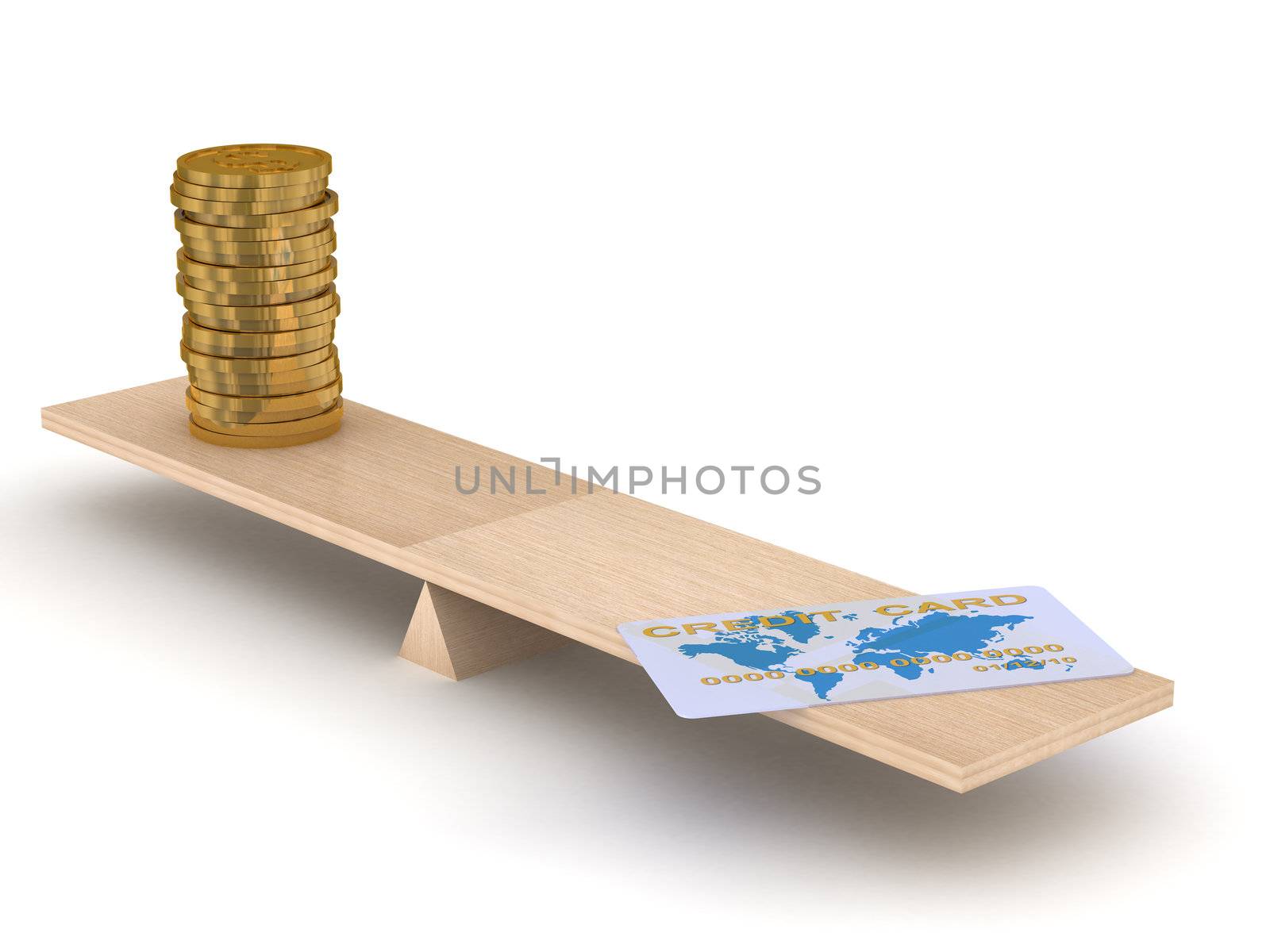 Credit card and coins on scales. Isolated 3D image