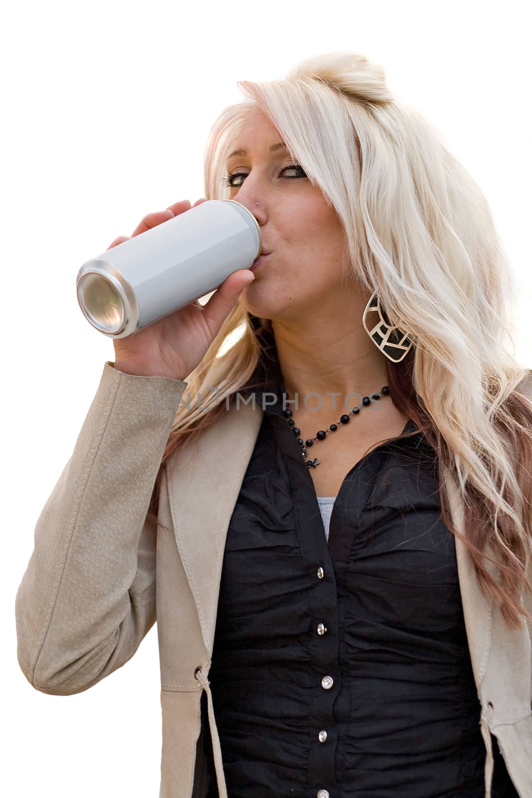 A young woman drinking from an aluminum can with a blank label.