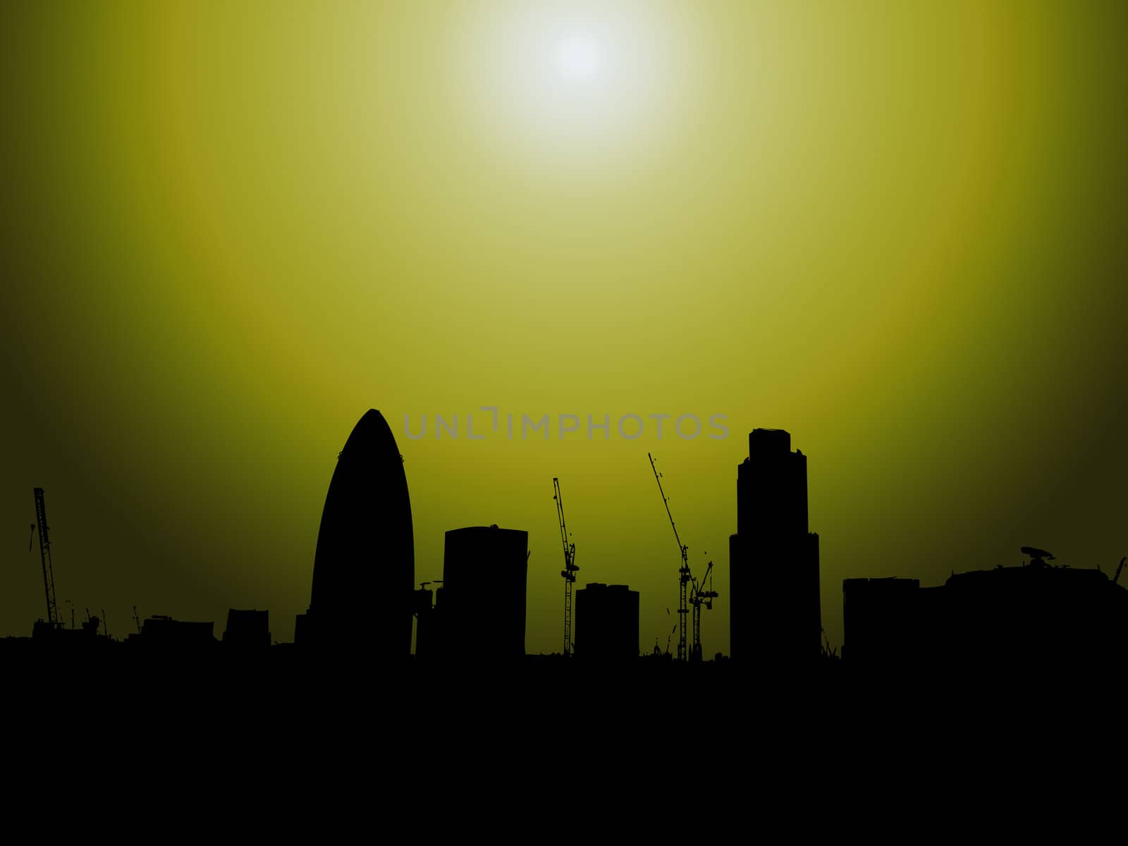 
The London skyline in silhouette with the Gherkin.