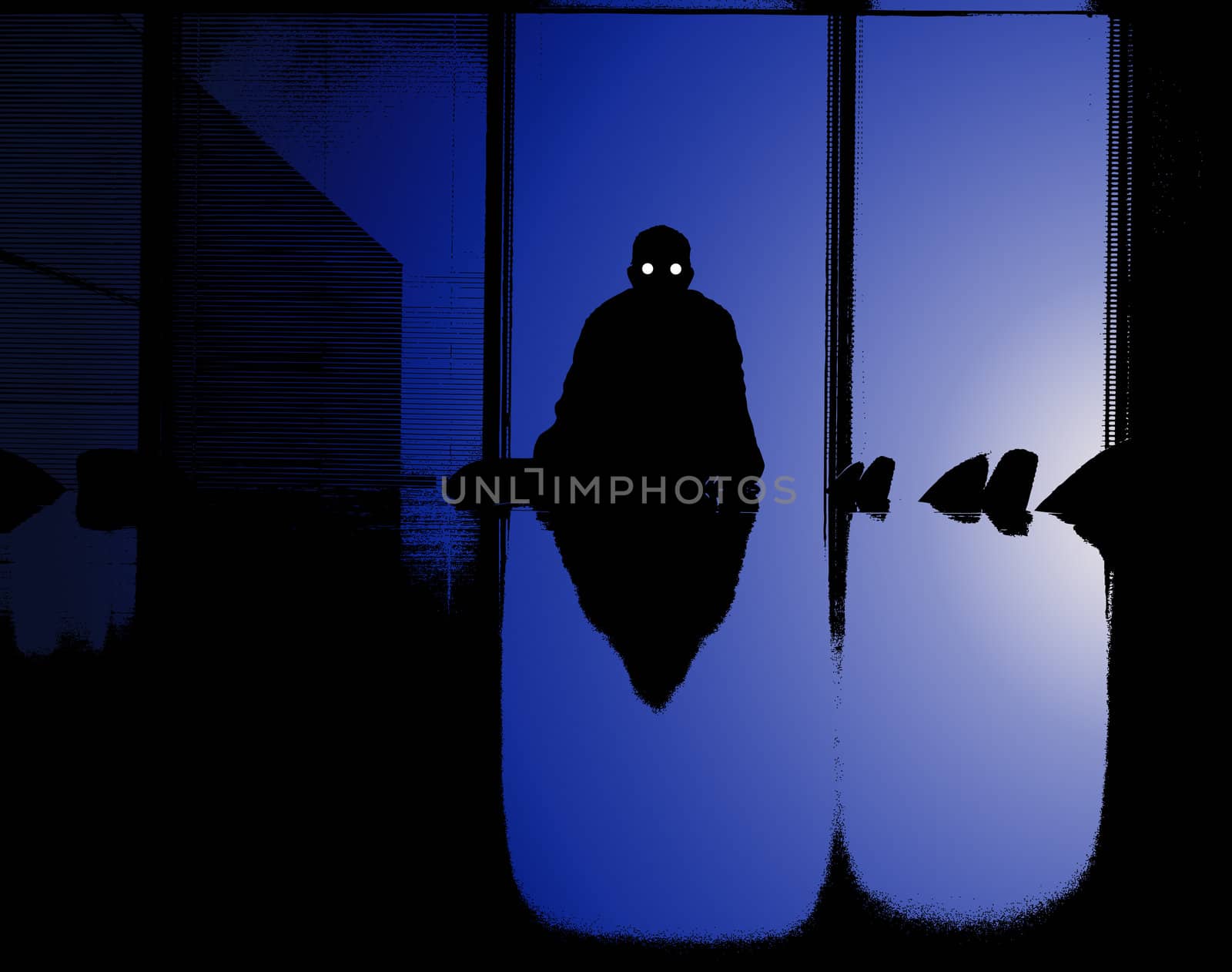 A sinister silhouetted business man at the end of a desk.