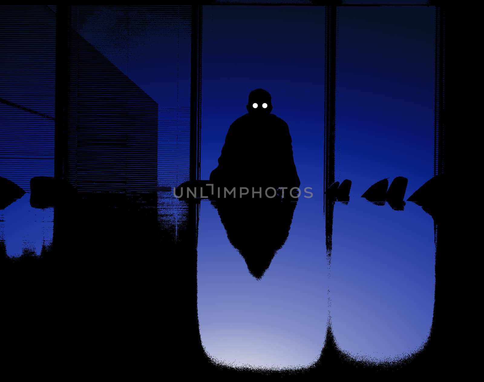 A sinister silhouetted business man at the end of a desk.