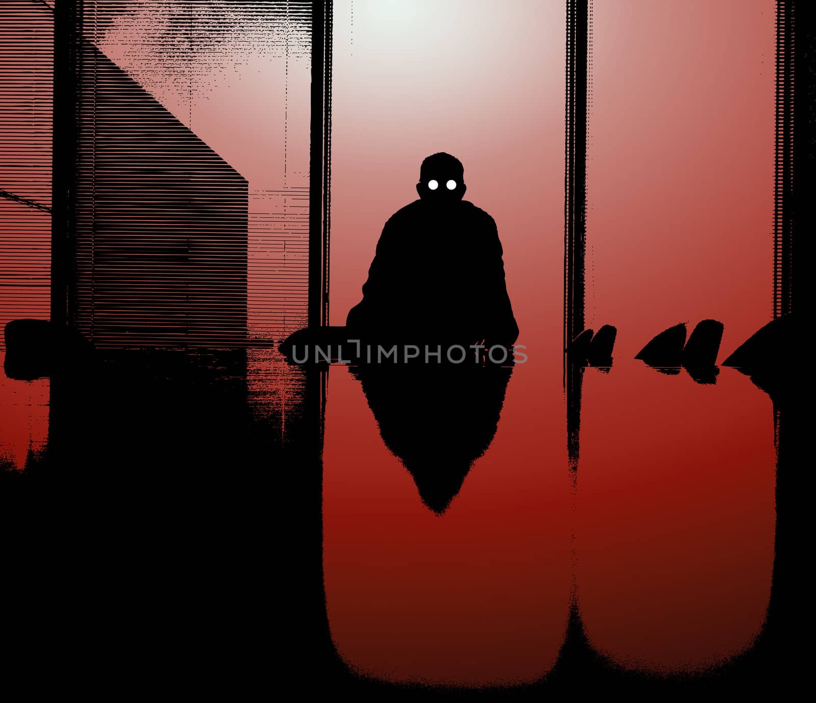 A sinister silhouetted business man at the end of a desk.