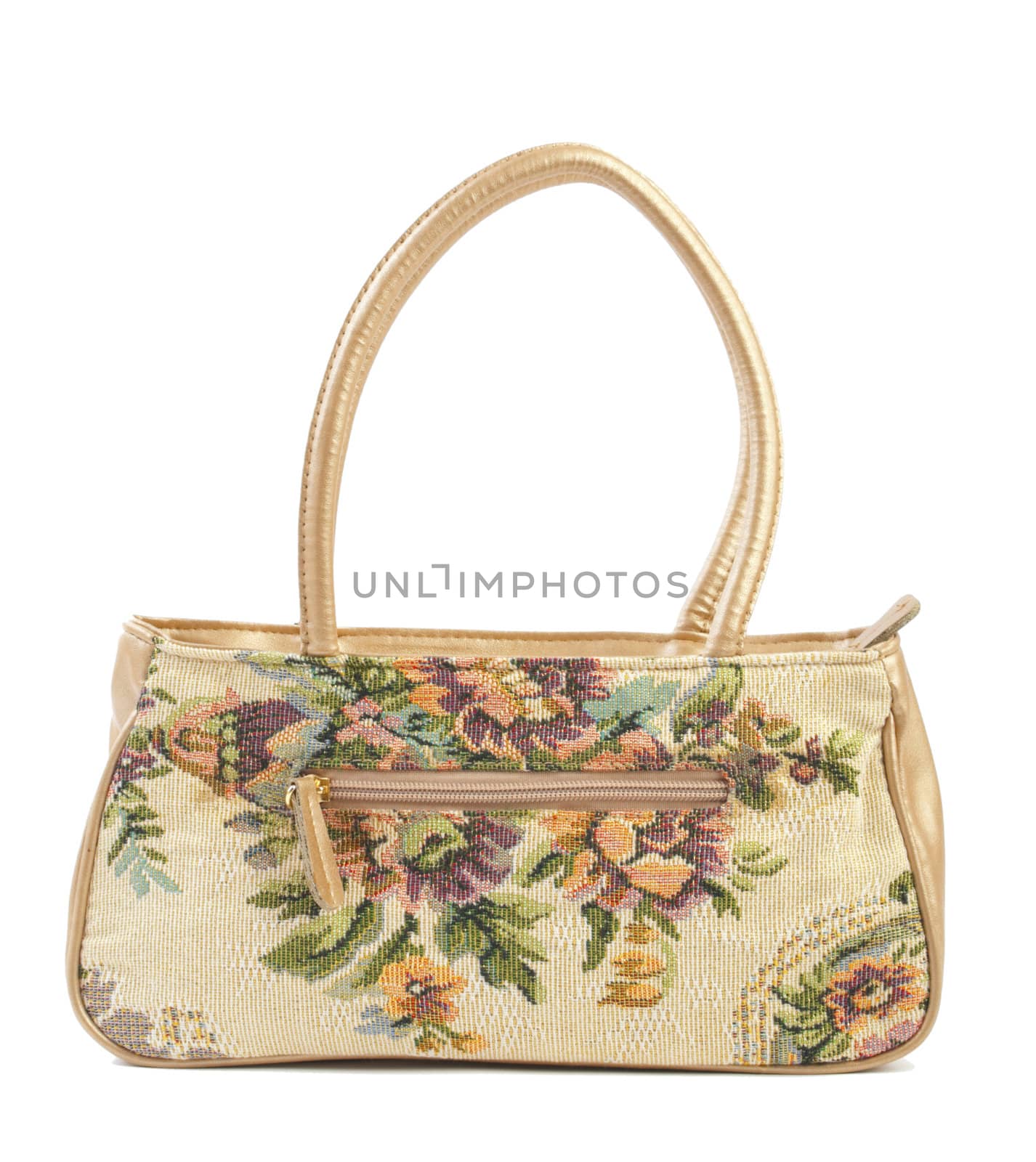 Textile female bag with floral ornament. Isolated on white background