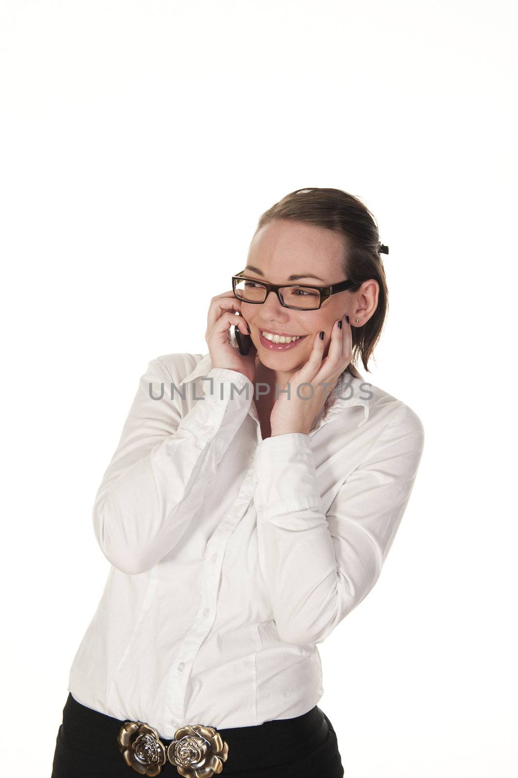 Smiling girl on the phone, isolated on white background