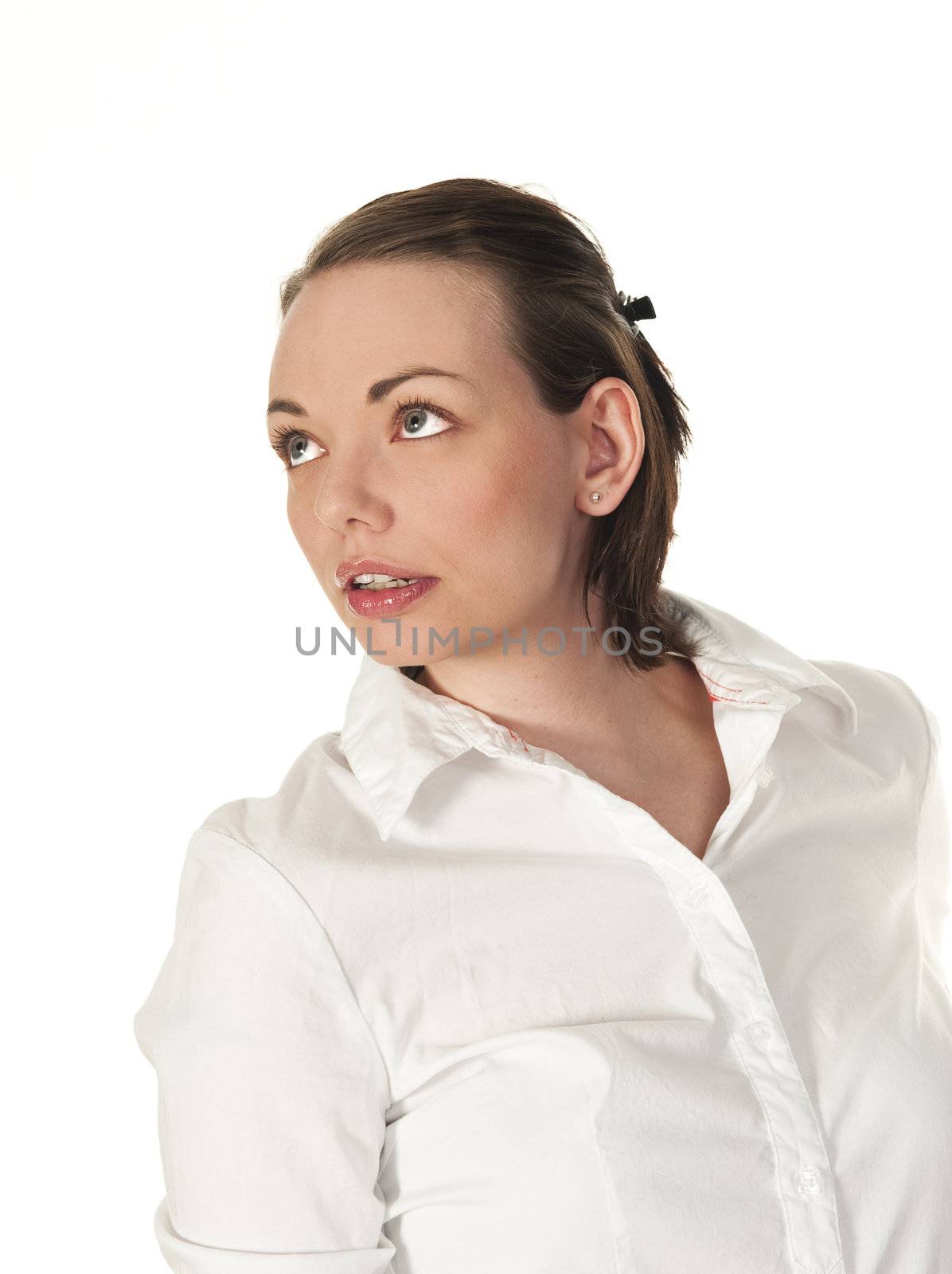 Beautiful girl distracted by something, seen against white background