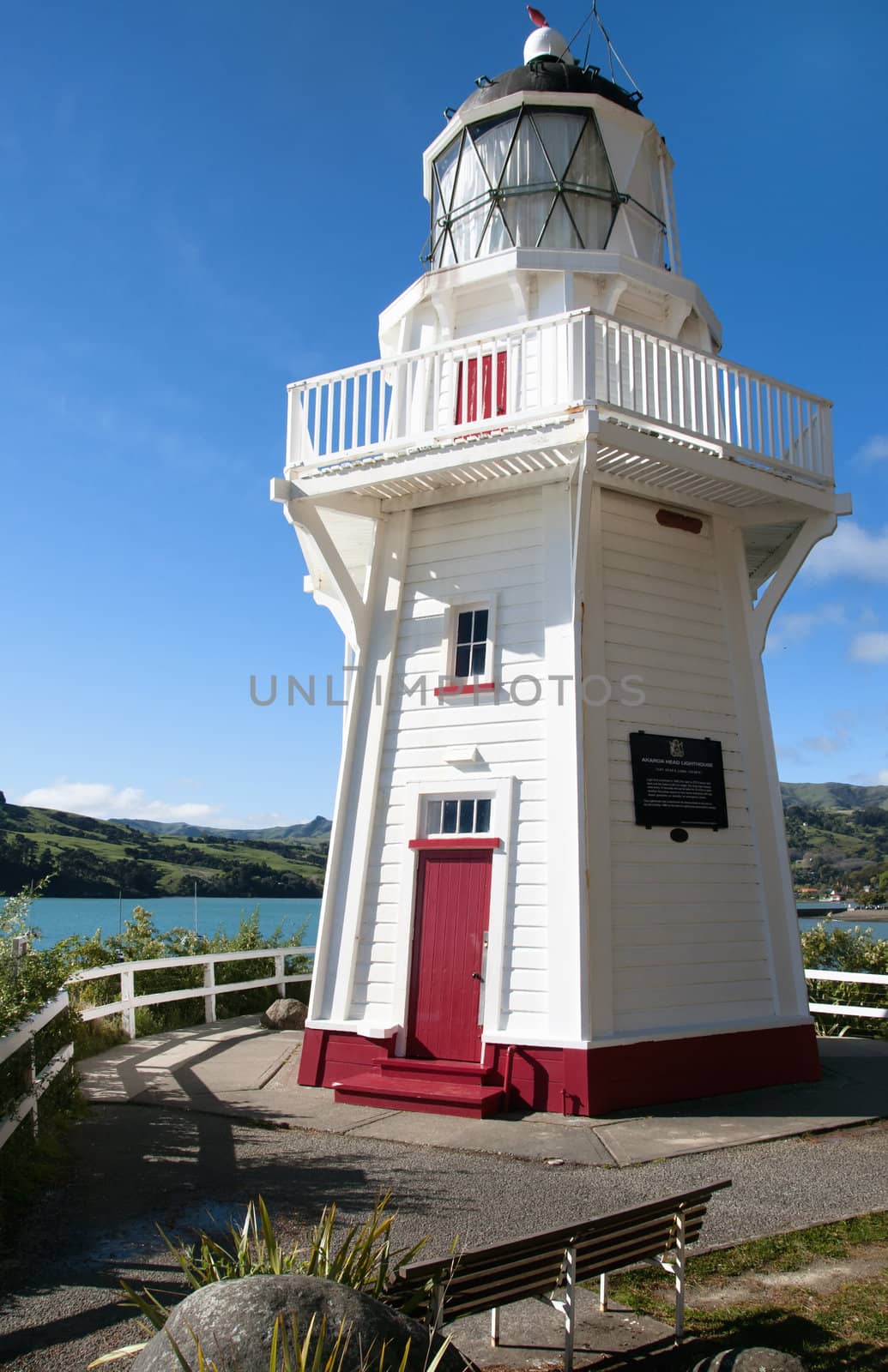 Beautiful wooden Akaroa Lighthouse in Akaroa Bay, New Zeland 