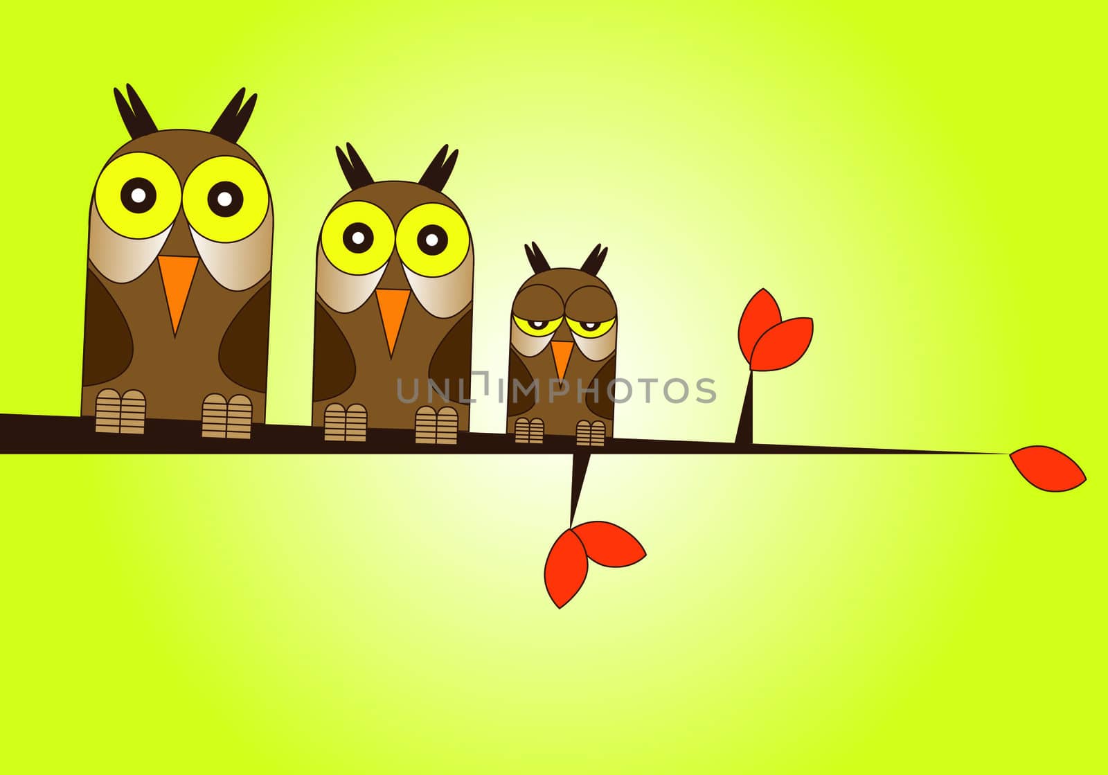 Hand drawn Illustration of a family of owls perched on a branch over a warm sunset background.