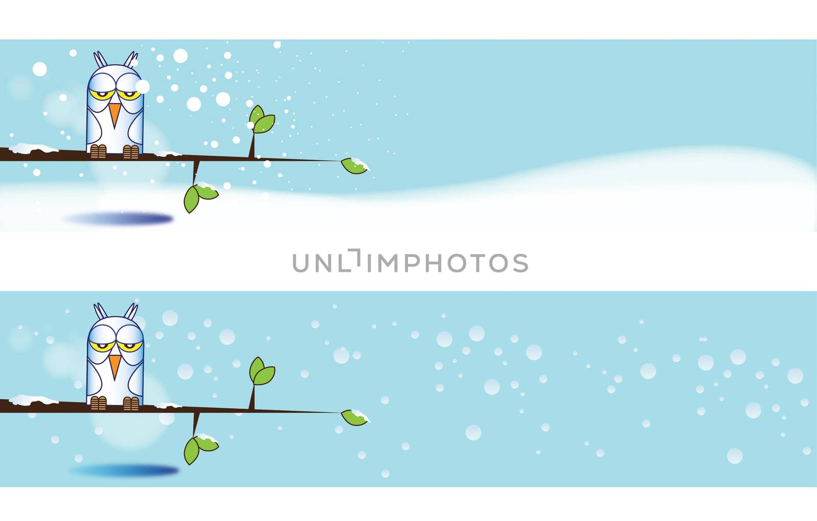 Hand drawn Illustrative banners of a winter owl perched on a branch over a snowy winter background.