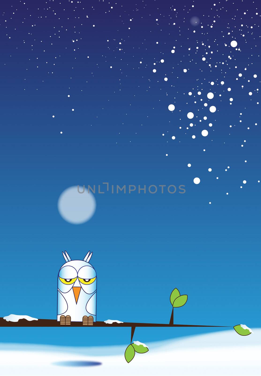 Hand drawn Illustration of a single winter owl perched on a snow covered branch with green leaves, set on a portrait format winter and snowy background. Christmas or winter theme.